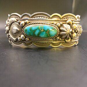 Turquoise Navajo Sterling Silver Sonoran Gold Cuff Bracelet Happy Piasso FIRM